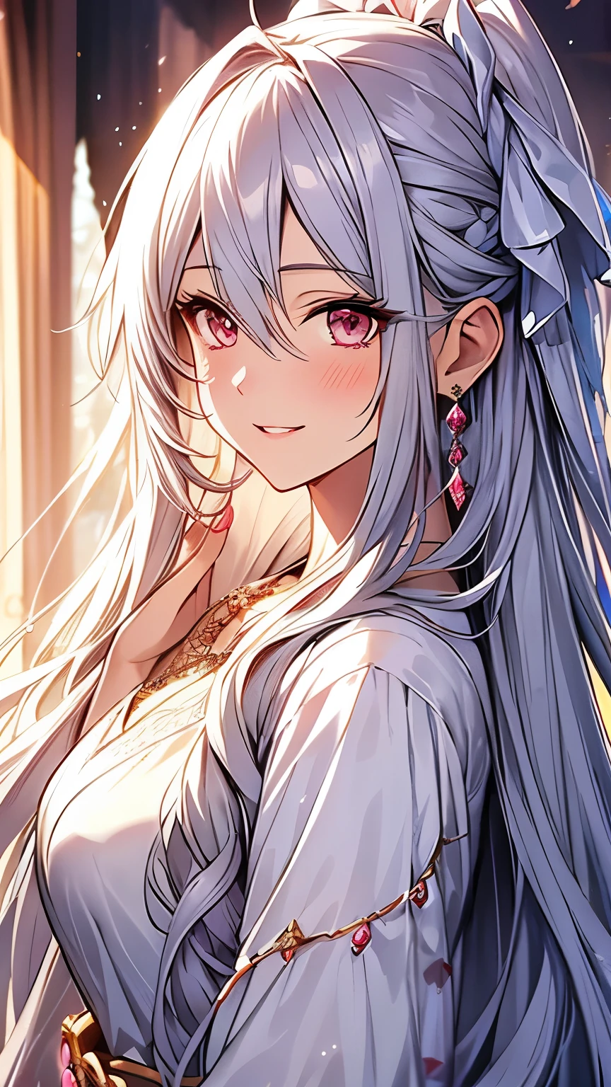 long hair, crystal earrings, blush, smile, silver hair, hair strand, ribbon, parted lips, tachi-e, anime style, character chart, masterpiece