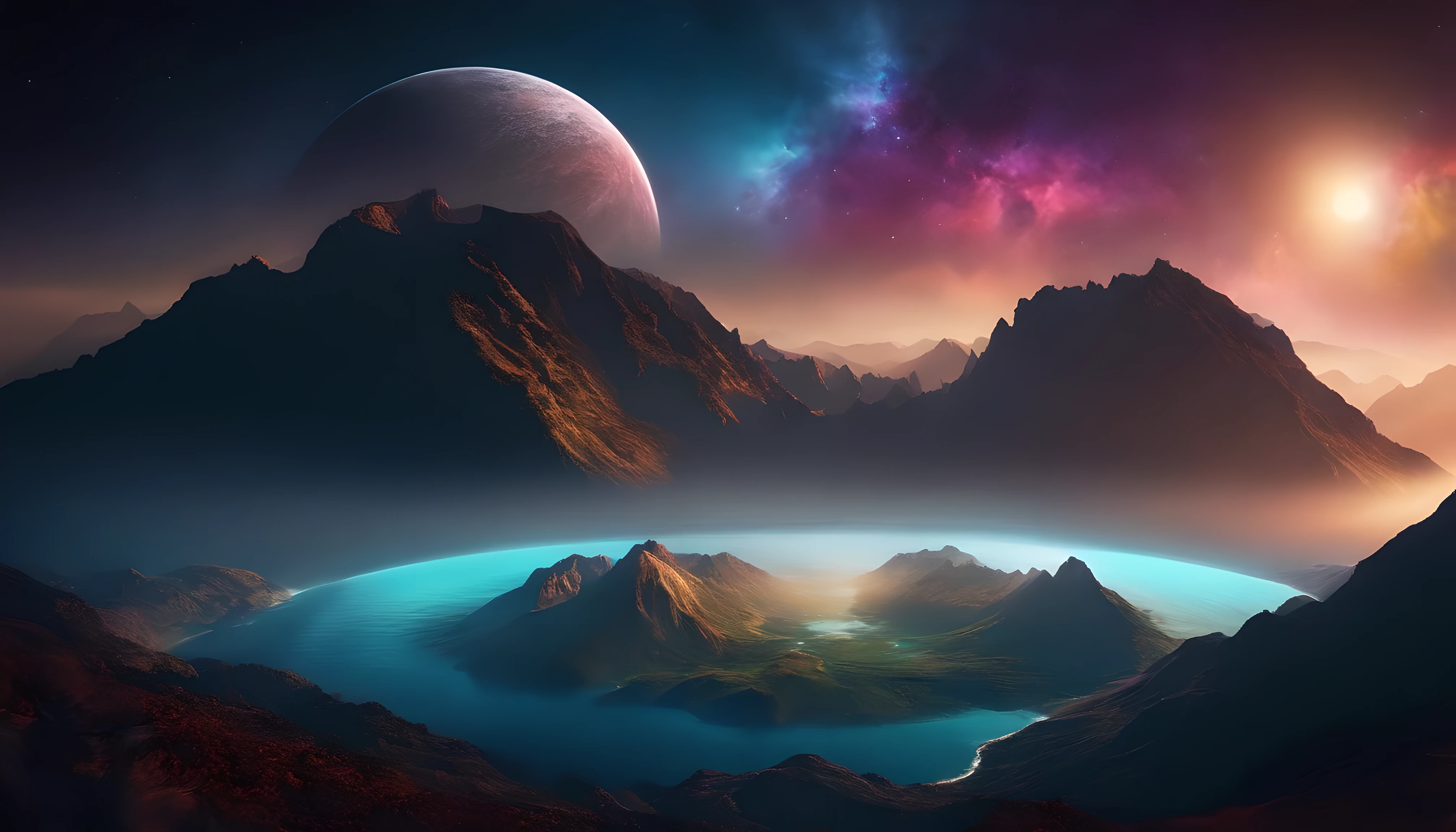 somewhere in space. a mountain surrounded by ocean. A mysterious planet floating in the mountains. dark and colorful. Everything is cosmic. 3D.