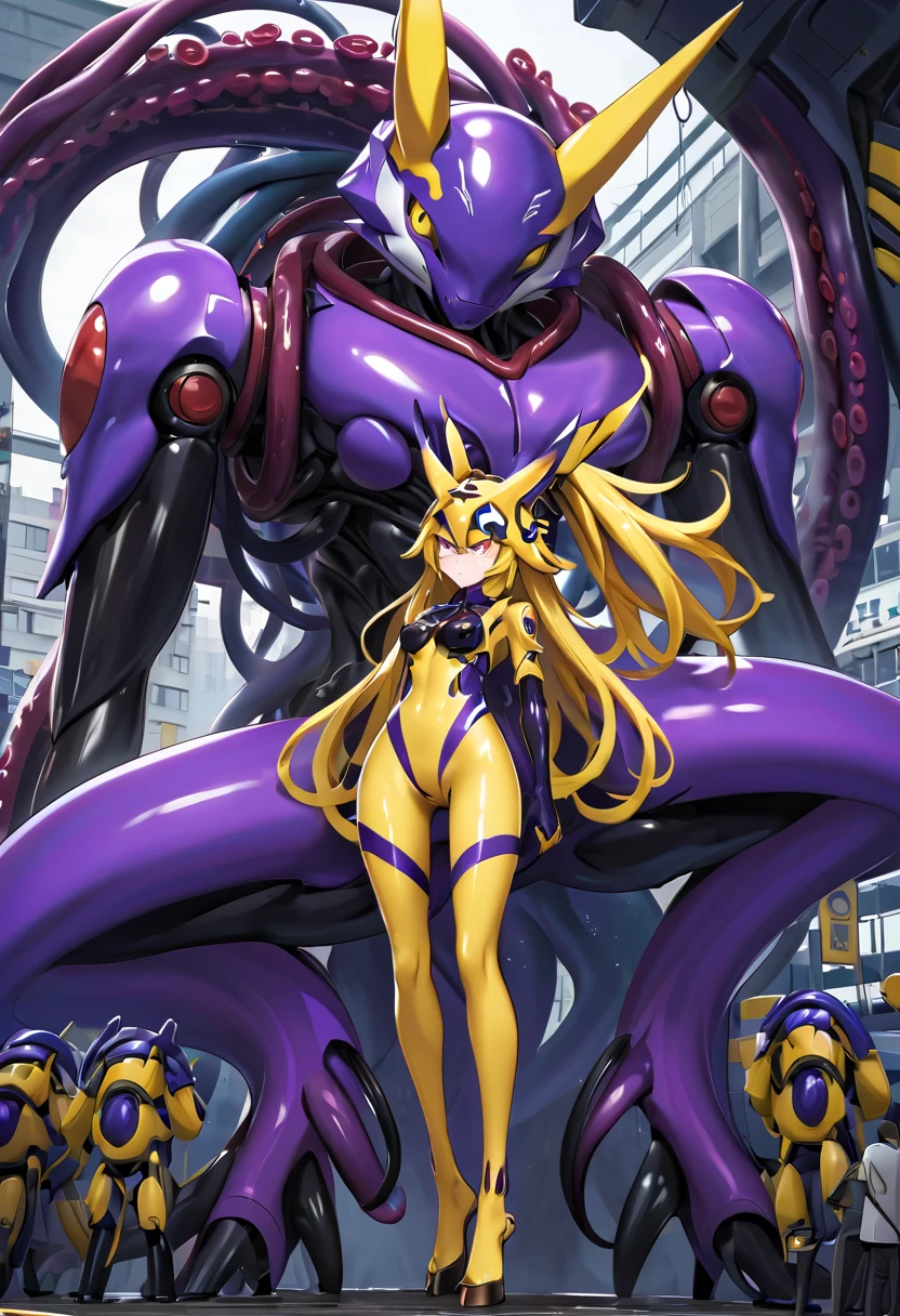 NSFW,Pilot and giant battle mecha,The pilot is inside a giant battle mech.,Pilot details(Height: 160cm,The pilot is in front of a giant battle mech.,The pilot wears a Renamon-type full body suit.,He hides his face with a Renamon-type full face.,Riding in a tentacle-shaped cockpit,Pussy is connected to tentacles,Renamon type full body suit is sticky and glossy with mucus.,evil depravity,symbiote),Details of the giant battle mecha(Looks like a fusion of Renamon and Evangelion,symbiote,evil depravity,About 10 meters tall,standing behind the pilot)