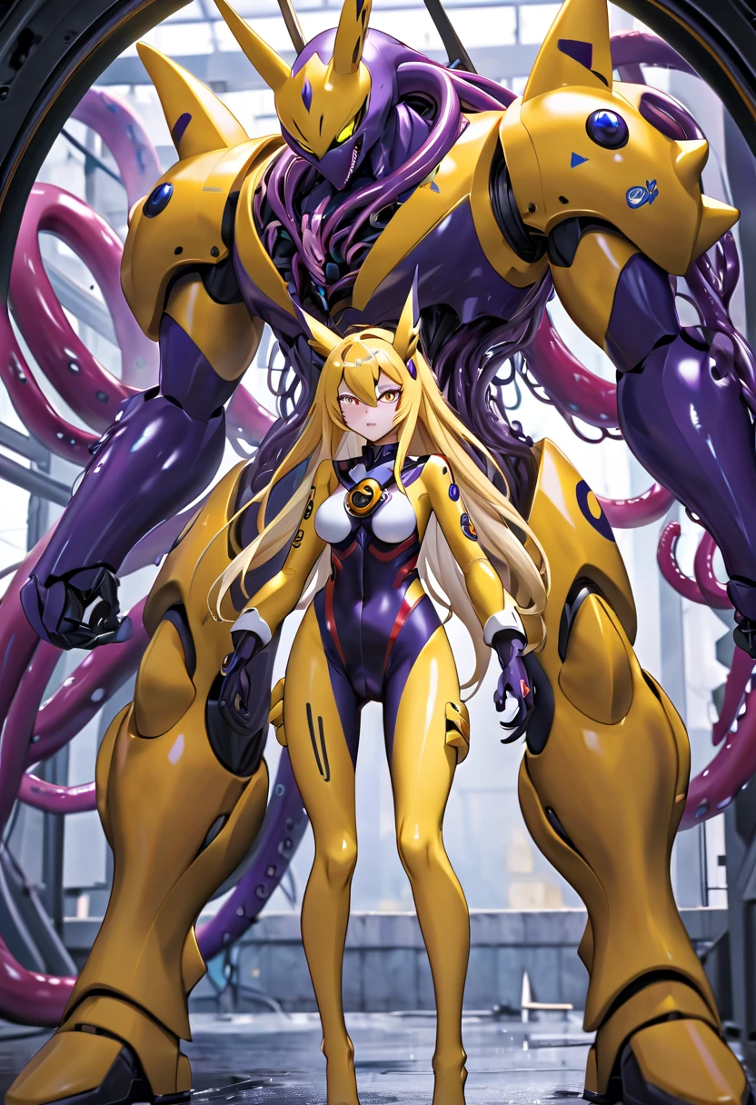 4K，real，realistic，near future，NSFW，Renamon and the giant battle mecha，The pilot is inside a giant battle mech.，Pilot details(full body concept art，Renamon is the pilot，Height: 160cm，The pilot is in front of a giant battle mech.，The pilot is wearing a Renamon-type tight skin suit.，face:Renamon type full face helmet，tentacle cockpitに跨がる，attached to tentacles，fuck pussy with tentacles，Renamon&#39;s tight skin suit is sticky and glossy with mucus.，A fluffy fox tail is growing，evil depravity，carnage)，Details of the giant battle mecha(full body concept art，Humanoid，Looks like a fusion of Renamon and a dragon，symbiote，evil depravity，Height 40 meters，It has a fluffy tail.，fox ears，standing behind the pilot)，tentacle cockpit，Inside the cockpit(The cockpit is covered in tentacles，there is a pilot，sitting in a tentacle-shaped cockpit)