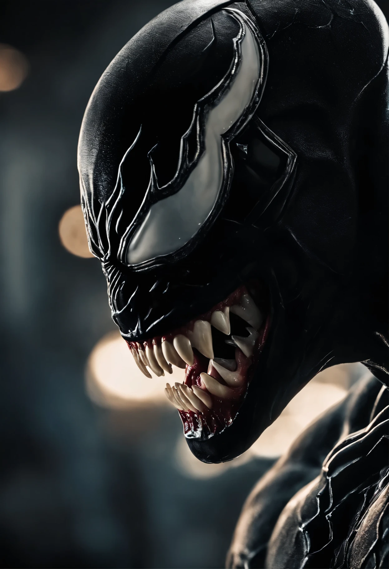 Venom has a flash,close up photo,Liquid armor,Delicate picture, creepy smile