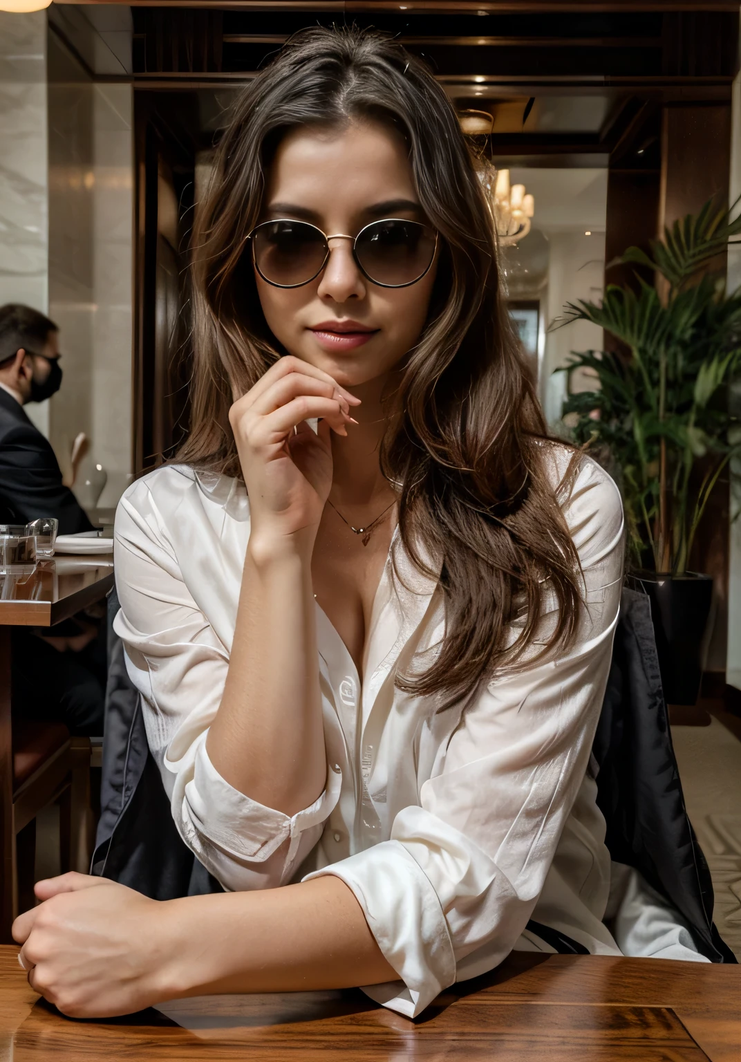 she is in 5 star hotel, she is wearing sunglasses and black suit.
