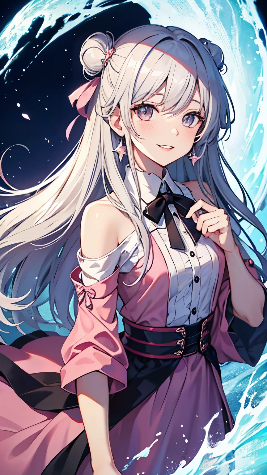 long hair, crystal earrings, blush, smile, silver hair, hair strand, ribbon, parted lips, first-person view, tachi-e, anime style, masterpiece, award winning