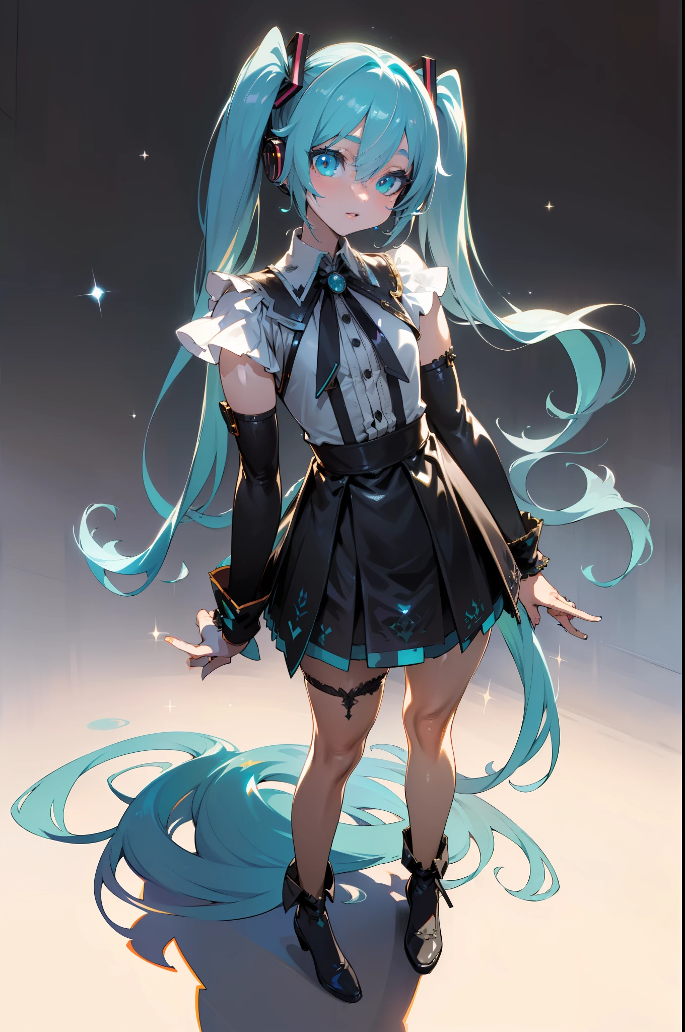 (((Asanagi Art Style))), (((1girl))), (((Waifu, VOCALOID, Miku Hatsune Waifu))), (((Long Hair, Twintails Hair))), ((Cyan Eyes eyes:1.3, Upturned Eyes: 1, Perfect Eyes, Beautiful Detailed Eyes, Gradient eyes: 1, Finely Detailed Beautiful Eyes: 1, Symmetrical Eyes: 1, Big Highlight On Eyes: 1.2)), (((Lustrous Skin: 1.5, Bright Skin: 1.5, Skin Fair, Shiny Skin, Very Shiny Skin, Shiny Body, Plastic Glitter Skin, Exaggerated Shiny Skin, Illuminated Skin))), (Detailed Body, (Detailed Face)), Young, (Best Quality), Shirt, Loose Skirt, Garter Belt, Stockings, High Resolution, Sharp Focus, Ultra Detailed, Extremely Detailed, Extremely High Quality Artwork, (Realistic, Photorealistic: 1.37), 8k_Wallpaper, (Extremely Detailed CG 8k), (Very Fine 8K CG), ((Hyper Super Ultra Detailed Perfect Piece)), (((Flawlessmasterpiece))), Illustration, Vibrant Colors, (Intricate), High Contrast, Selective Lighting, Double Exposure, HDR (High Dynamic Range), Post-processing, Background Blur, Inky Shadows, Darker Shadows, Thick Shadows, High Quality Shadows, high detail, realistic, Cinematic Light, sidelighting, Lens Flare, Ray tracing, sharp focus,