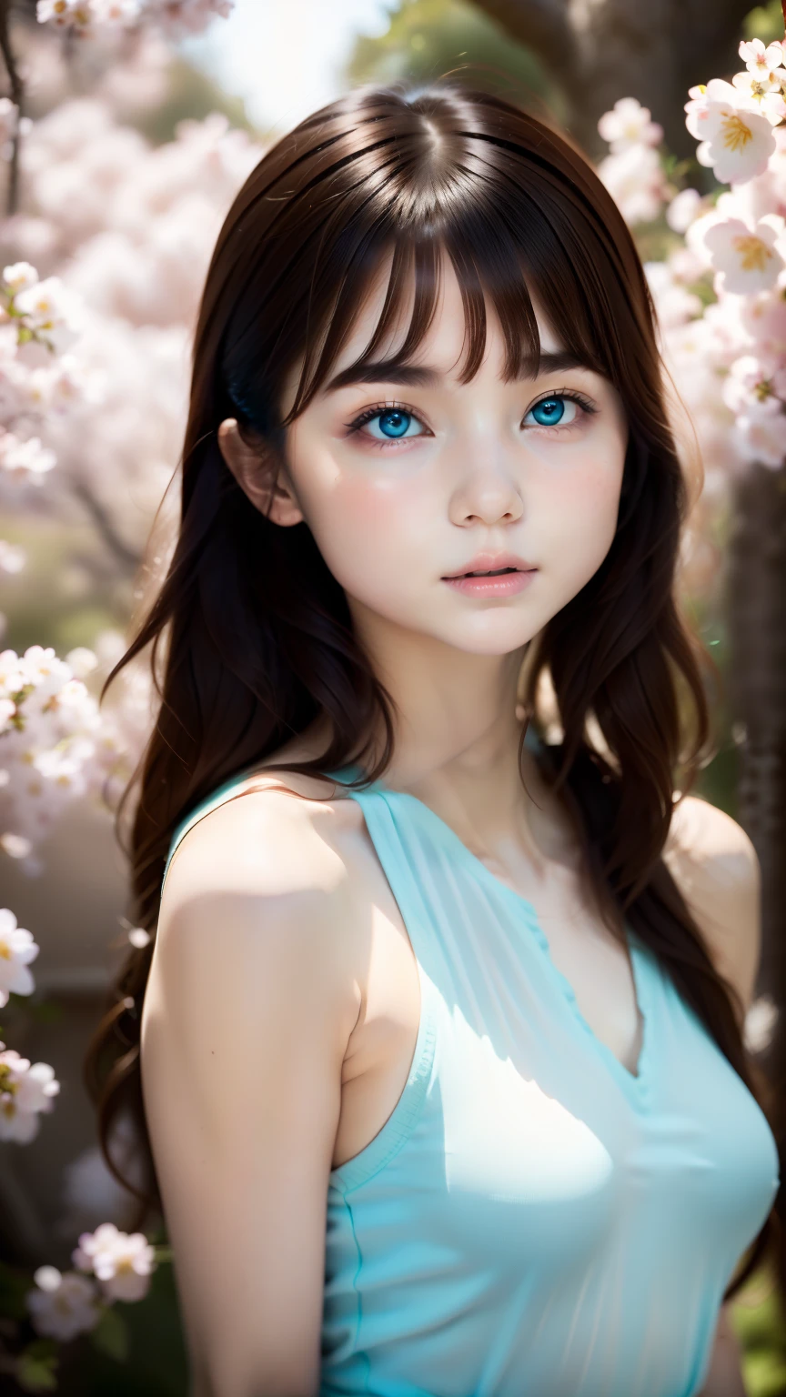 blurred background、anatomy、Russian２０Talented Woman、small face、detailed beautiful eyes、plump lips、detailed eyes and face、turquoise eyes:1.3、long eyelashes、1 girl、skin like white porcelain、Soft and delicate skin、bangs are short、medium long hair、brown hair、careful depiction of hair、An ennui look、elegant posture、Natural light、great atmosphere、silence、rosy cheeks、Cherry blossoms fall in the background、born、highest quality、High resolution、masterpiece:1.3、８ｋ