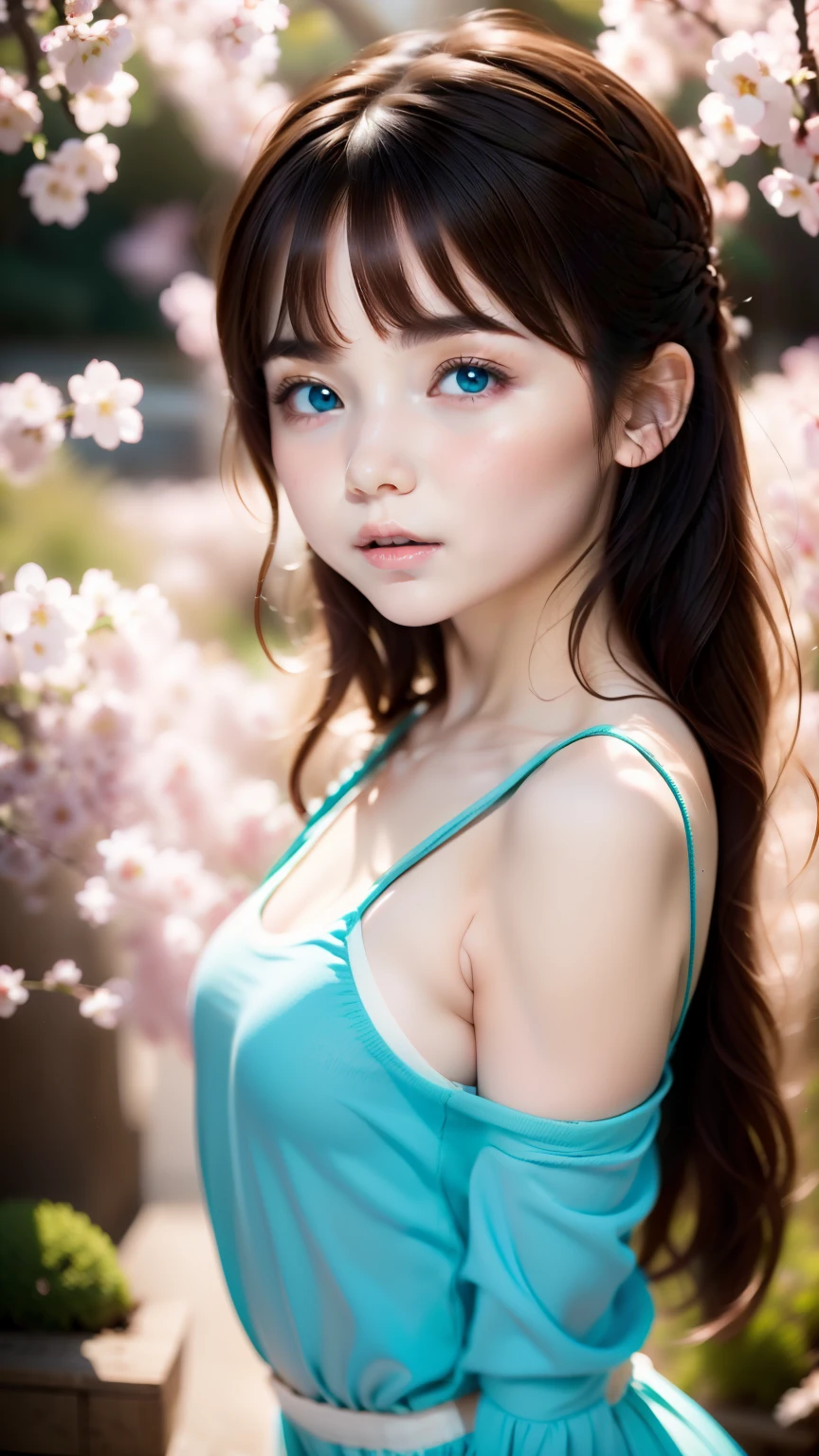 blurred background、anatomy、Russian20Talented Woman、small face、detailed beautiful eyes、plump lips、detailed eyes and face、turquoise eyes:1.3、long eyelashes、1 girl、skin like white porcelain、Soft and delicate skin、bangs are short、medium long hair、brown hair、careful depiction of hair、An ennui look、elegant posture、Natural light、great atmosphere、silence、rosy cheeks、Cherry blossoms fall in the background、born、highest quality、High resolution、masterpiece:1.3、8k