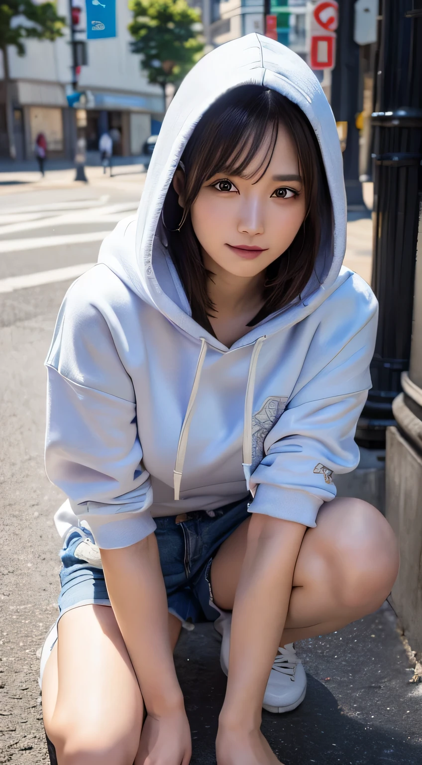 Innocent girl、((Street fashion,Wearing a random colored oversized hoodie,very short shorts,dramatic pose)),cute face,bright eyes,tear bag,shy smile,shortcut,urban background,RAW photo, (8K、highest quality、masterpiece:1.2)、(intricate details:1.4)、(realistic:1.4)、octane rendering、Intricate 3D rendering Super detaileded, soft light in the studio, rim light, vivid details, Super detailed, realistic skin texture, face, beautiful detailed eyes, Highly detailed CG Unity 16k wallpaper, compensate, (detailed background:1.2), shiny skin, whole body、Draw from head to knee、cleavage,((Stand on your knees with your legs open))