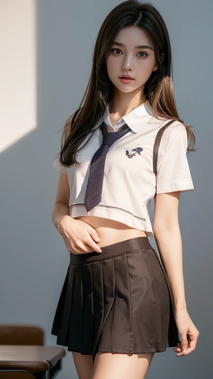 ((Realistic lighting, Best quality, 8K, Masterpiece: 1.3)), ((flat chest)), camisole,,Clear focus: 1.2, 1girl, Perfect Figure: 1.4, ((Dark brown hair)), (school uniform, visible stomach and short skirt: 1.4), classroom, Super fine face, Fine eyes, Double eyelids, (half body)