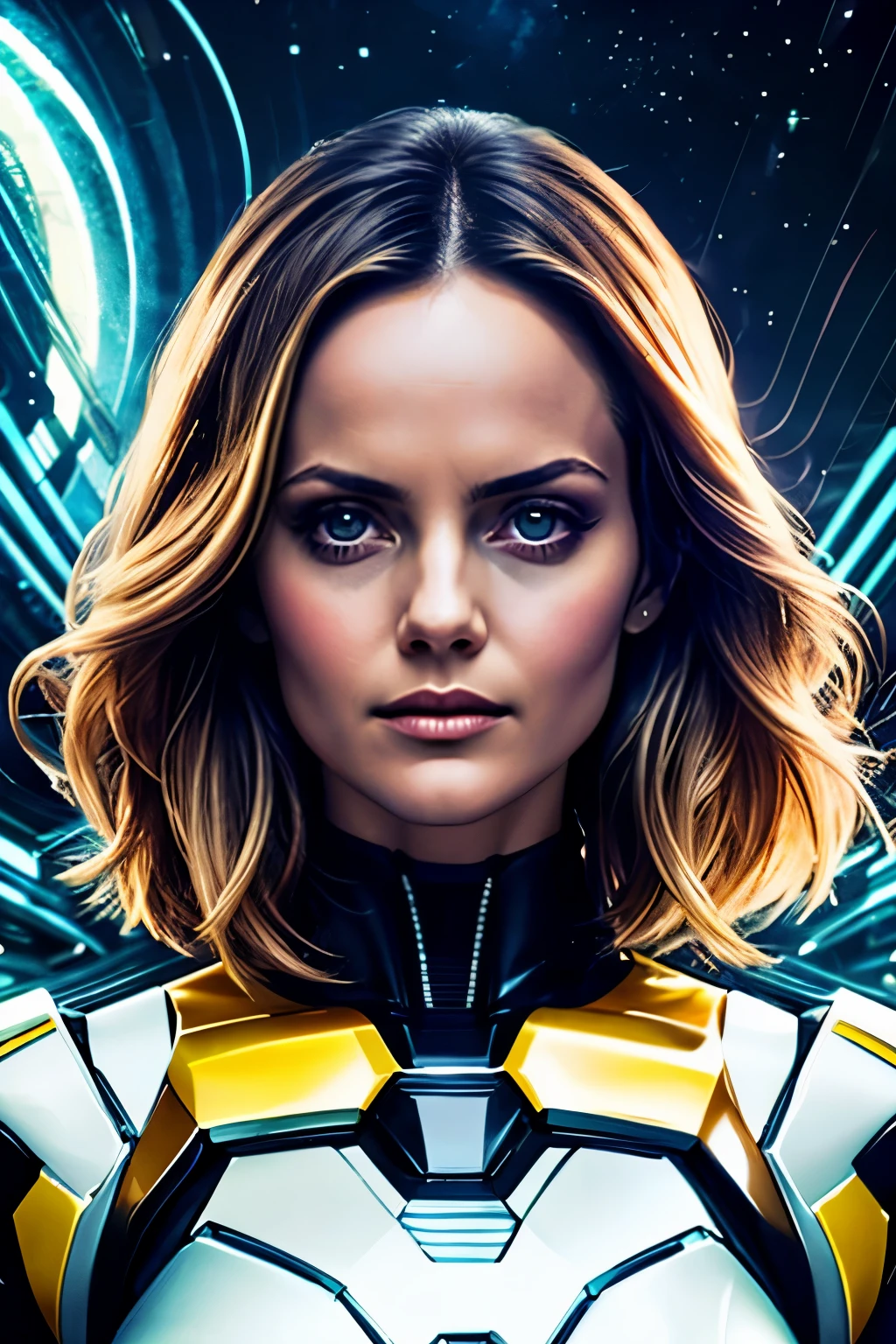 Amber Valletta , corpo perfeito, cabelo loiro curto cacheado bonito, cyber white lingerie, leather jacket white, looking at camera, detailed muscles realistic masterpiece, Pose ativa, action pose, luz LED |, Gold Parts, franja, cabelo curto, vista traseira, Costas,a noite na chuva neon, interstellar space background, Estilo cyberpunk