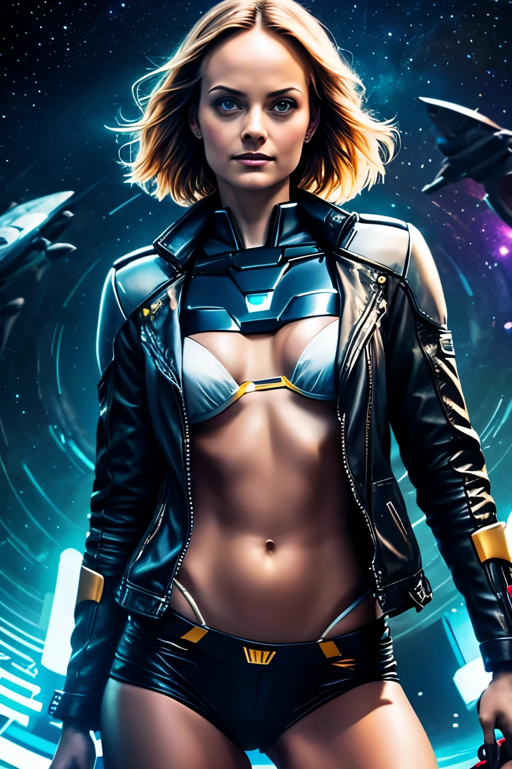 Amber Valletta , corpo perfeito, cabelo loiro curto cacheado bonito, cyber white lingerie, leather jacket white, looking at camera, detailed muscles realistic masterpiece, Pose ativa, action pose, luz LED |, Gold Parts, franja, cabelo curto, vista traseira, Costas,a noite na chuva neon, interstellar space background, Estilo cyberpunk 