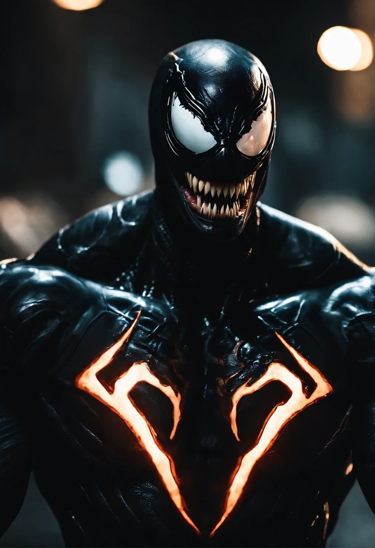 Venom has a flash,close up photo,Liquid armor,Delicate picture, creepy smile