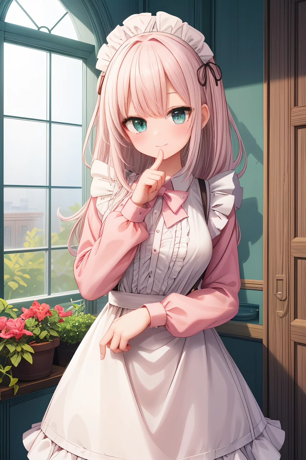 insanely detailed, absurdres, ultra-highres, ultra-detailed, best quality,
1girl, solo, nice hands, perfect hands,
BREAK
apron, blush, bow, bowtie, frilled apron, frills, long sleeves, maid, maid apron, maid headdress, waist apron, white apron
BREAK
smile, closed mouth
BREAK
finger to mouth, index finger raised, shushing, cowboy shot, looking at viewer,
BREAK
slender, kawaii, perfect symmetrical face, ultra cute girl, ultra cute face, ultra detailed eyes, ultra detailed hair, ultra cute, ultra beautiful,
BREAK
day, flower, ivy, leaf, indoors, open door, plant, potted plant, vines, window,
BREAK
white (pink:1.2) hair, green eyes, long hair, medium breasts, bangs, eyebrows visible through hair,はだか、おっぱい、開脚、