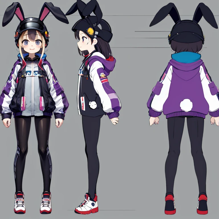 (table top, highest quality), character sheet,Design drawings,3Two angles,three views, character sheet、Character References,Images seen from the front and side,Thick black and purple full-body rubber suit,riders jacket,cool woman,Bike Helmet,Looks good on the bike,golden ratio face,full body drawing,small curved ,Art book,simple background,cute!! Little!!!,close your mouth,smile,broken bunny ears,
