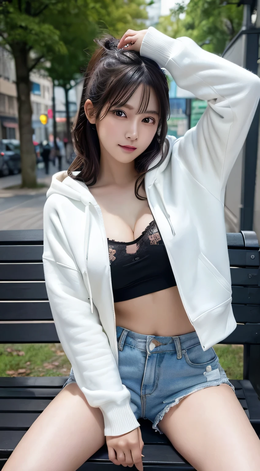 Innocent  girl、((Street fashion,Wearing a random colored oversized hoodie,very short shorts,dramatic pose)),cute face,bright eyes,tear bag,shy smile,shortcut,bed background,RAW photo, (8K、highest quality、masterpiece:1.2)、(intricate details:1.4)、(realistic:1.4)、octane rendering、Intricate 3D rendering Super detaileded, soft light in the studio, rim light, vivid details, Super detailed, realistic skin texture, face, beautiful detailed eyes, Highly detailed CG Unity 16k wallpaper, compensate, (detailed background:1.2), shiny skin, whole body、Draw from head to foot、cleavage,((raise both arms up,Sit on a black bench,Thighs are visible))