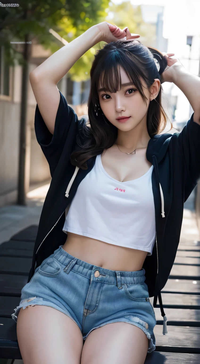 Innocent 16 year old girl、((Street fashion,Wearing a random colored oversized hoodie,very short shorts,dramatic pose)),cute face,bright eyes,tear bag,shy smile,shortcut,bed background,RAW photo, (8K、highest quality、masterpiece:1.2)、(intricate details:1.4)、(realistic:1.4)、octane rendering、Intricate 3D rendering Super detaileded, soft light in the studio, rim light, vivid details, Super detailed, realistic skin texture, face, beautiful detailed eyes, Highly detailed CG Unity 16k wallpaper, compensate, (detailed background:1.2), shiny skin, whole body、Draw from head to foot、cleavage,((raise both arms up,Sit on a black bench,Thighs are visible))