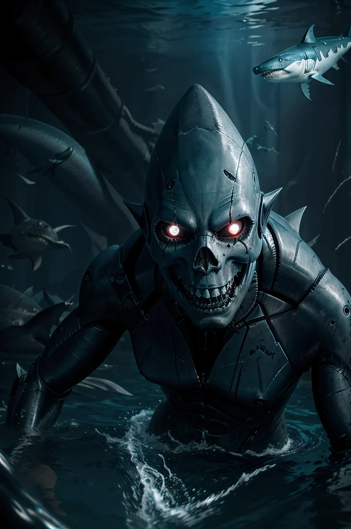 deep sea, dark, scary, cyborg, shark, cyborg shark, (creepy grin), swimming, sharp teeth , deathstare, death , underwatere,