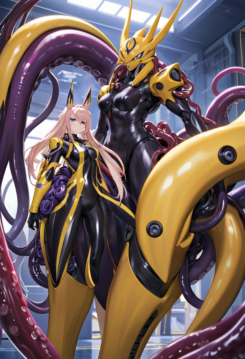 NSFW，Pilot and giant battle mecha，The pilot is inside a giant battle mech.，Pilot details(Height: 160cm，The pilot is in front of a giant battle mech.，The pilot wears a Renamon-type full body suit.，He hides his face with a Renamon-type full face.，Riding in a tentacle-shaped cockpit，Pussy is connected to tentacles，Renamon type full body suit is sticky and glossy with mucus.，evil depravity，symbiote)，Details of the giant battle mecha(Looks like a combination of Renamon and Evangelion，symbiote，evil depravity，About 10 meters tall，standing behind the pilot)