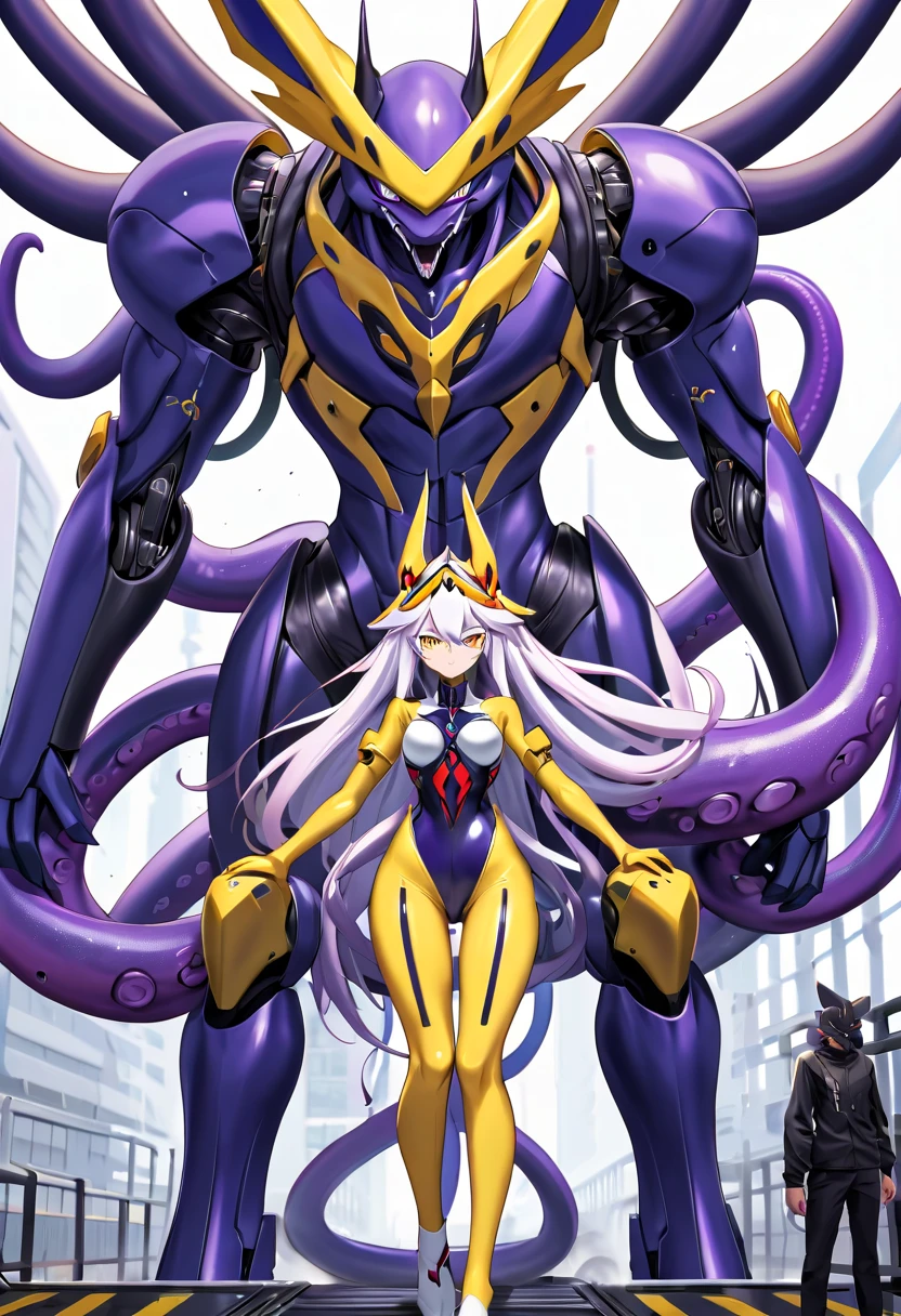 NSFW，Pilot and giant battle mecha，The pilot is inside a giant battle mech.，Pilot details(Height: 160cm，The pilot is in front of a giant battle mech.，The pilot wears a Renamon-type full body suit.，He hides his face with a Renamon-type full face.，Riding in a tentacle-shaped cockpit，Pussy is connected to tentacles，Renamon type full body suit is sticky and glossy with mucus.，evil depravity，symbiote)，Details of the giant battle mecha(Looks like a combination of Renamon and Evangelion，symbiote，evil depravity，About 10 meters tall，standing behind the pilot)