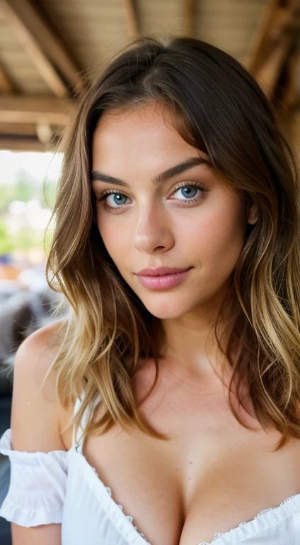 Pretty beautiful French Latin blonde making a selfie looking directly at the camera, Selfie, cleavage, Highly detailed, 14 years old, innocent face, naturally wavy hair, blue eyes, High resolution, tmasterpiece, Best Qulaity, Intricate details, Highly detailed, focus in sharp focus, detailed skin, realistic skin texture, texture, detailed eyes, professional, 4K, charming smile, shot with Canon, 85mm, Slight depth of field, Kodak Color Vision, perfectly fitted body, extremely detailed, photograph_\( ultra\), photographrealistic, Realistic, Post-processing, Maximum details, roughness, real life, ultrarealistic, photorealism, photography, 8K UHD, photography