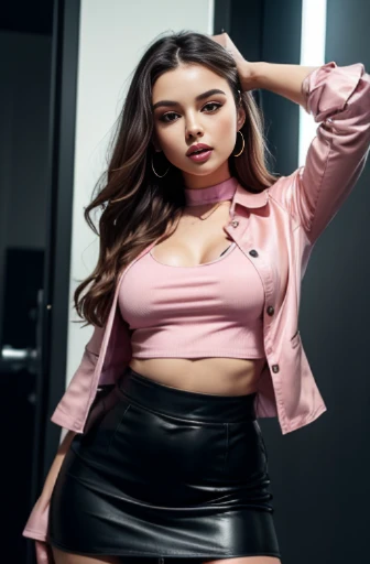 a woman in a pink top and black leather skirt, open shirt, satin silver, portrait sophie mudd, wearing a sexy cropped top, brown shirt, extremly high quality, absolutely outstanding image, taken in the early 2020s, girls, malaysian, nigth, very very high detailed, girl in a suit, reddish
