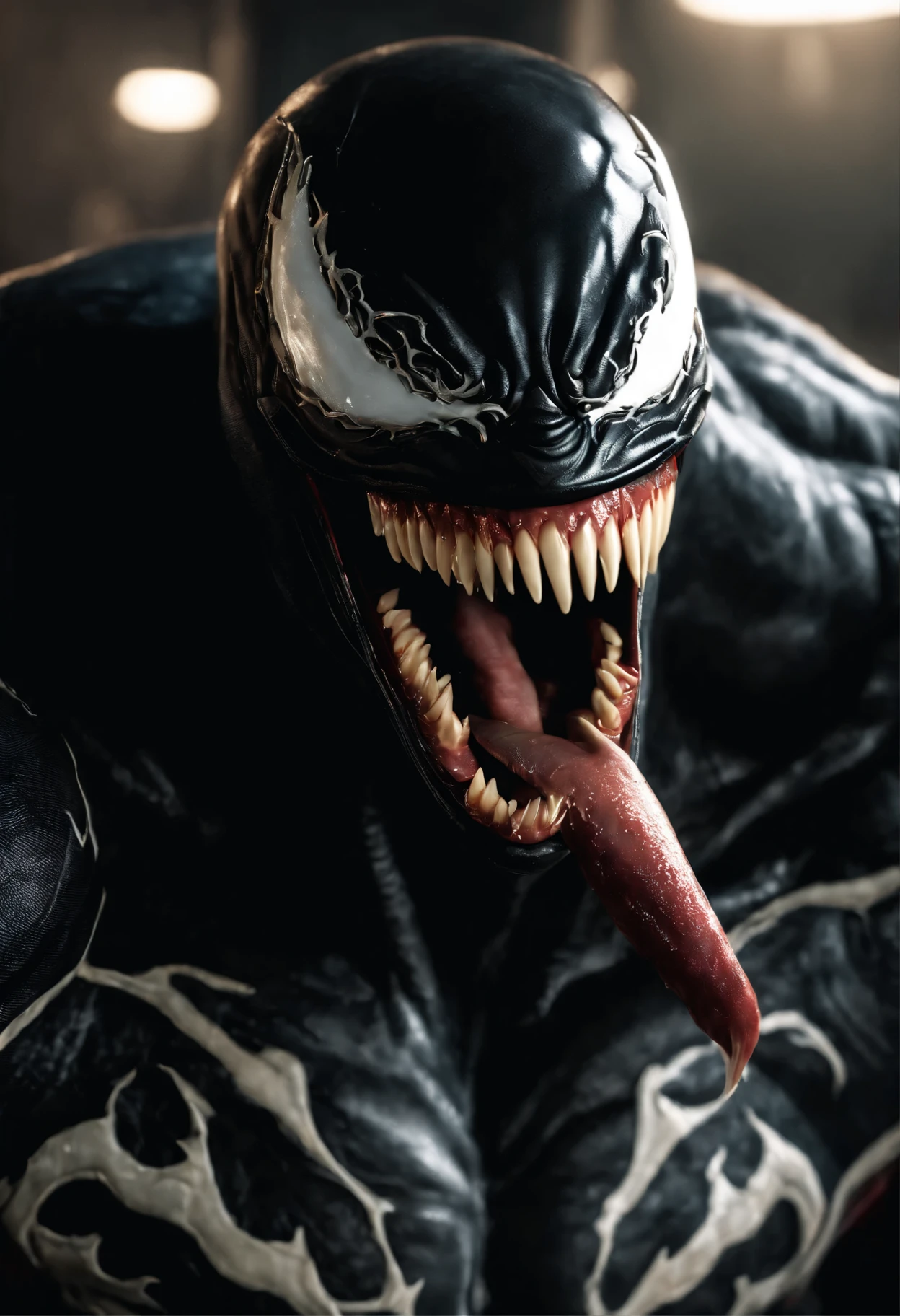 (best quality,4k,8k,highres,masterpiece:1.2),ultra-detailed,(realistic,photorealistic,photo-realistic:1.37), Venom has a flash,close-up photo,Liquid armor,delicate picture,creepy smile,evil,cinematic,scary,hyper-detailed,portraits,dark colors,dramatic lighting