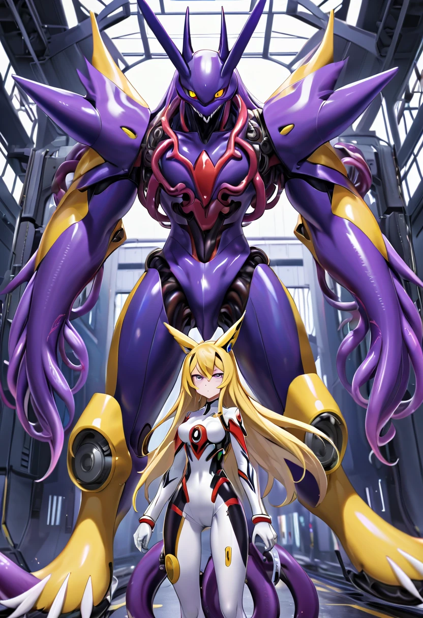 NSFW，Pilot and giant battle mecha，The pilot is inside a giant battle mech.，Pilot details(Height: 160cm，The pilot is in front of a giant battle mech.，The pilot wears a Renamon-type full body suit.，He hides his face with a Renamon-type full face.，Riding in a tentacle-shaped cockpit，Pussy is connected to tentacles，Renamon type full body suit is sticky and glossy with mucus.，evil depravity，symbiote)，Details of the giant battle mecha(Looks like a fusion of Renamon and Evangelion，symbiote，evil depravity，About 10 meters tall，standing behind the pilot)