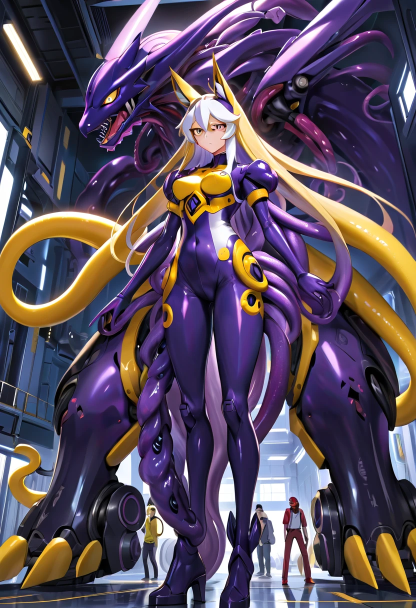 NSFW，Pilot and giant battle mecha，The pilot is inside a giant battle mech.，Pilot details(Height: 160cm，The pilot is in front of a giant battle mech.，The pilot wears a Renamon-type full body suit.，He hides his face with a Renamon-type full face.，Riding in a tentacle-shaped cockpit，Pussy is connected to tentacles，Renamon type full body suit is sticky and glossy with mucus.，evil depravity，symbiote)，Details of the giant battle mecha(Looks like a fusion of Renamon and Evangelion，symbiote，evil depravity，About 10 meters tall，standing behind the pilot)