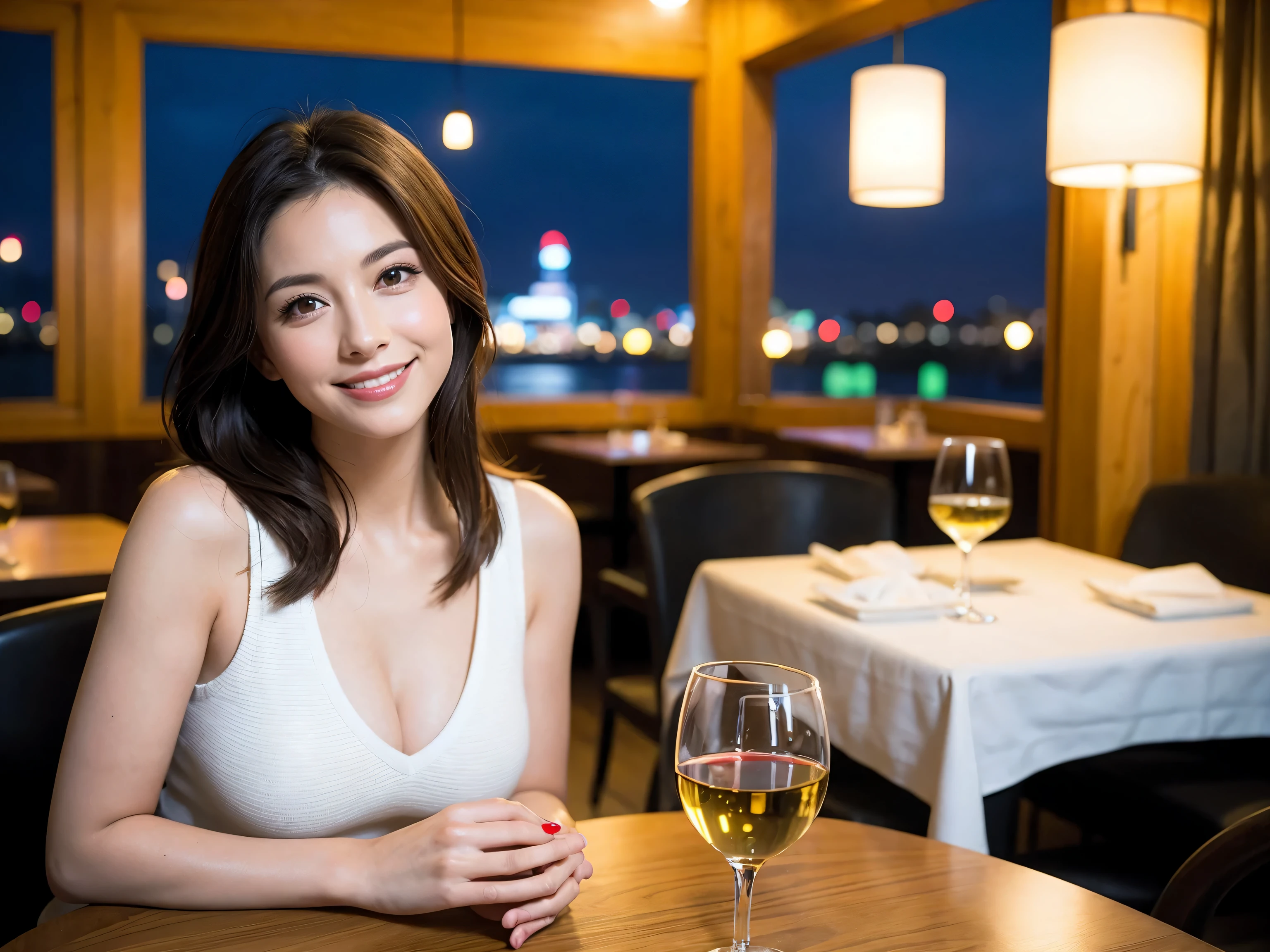 (including 64k, nffsw, highest quality, table top: 1.2), (realistic, realistic: 1.37), pretty woman 1, (slimフェイス), (slimボティ), (brown hair), (shortcut), Colombia、Brazilian、Japanese、Dutch、American、french、Spaniard、Italian、Indian、cheeks blush a little, (40 years old), 38 years old, alone, 窓の外には美しく緻密なnight景が広がります......., restaurant, wine glassに座って, nightに, in a prominent place (from the Upper body) nova frog style, actress, model, Upper body, White wine, slim, wine glass, とてもきれいなnight景, 真ん中に置かれたwine glass, smile, (smile: 1.15), beautiful and detailed eyes, Upper body, bust japan up, night, short, short, actress, model, Upper body, White wine, slim, wine glass, とてもきれいなnight景, 真ん中に置かれたwine glass, smile,
