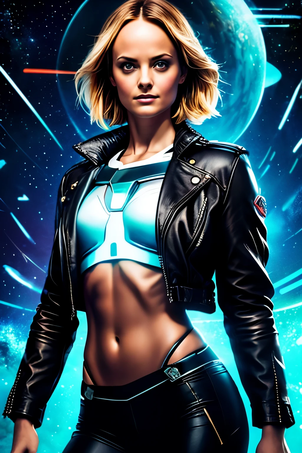 Amber Valletta , corpo perfeito, cabelo loiro curto cacheado bonito, cyber white lingerie, leather jacket white, Looking at camera, detailed muscles realistic masterpiece, Pose ativa, action pose, luz LED |, Gold Parts, franja, cabelo curto, vista traseira, Costas,a noite na chuva neon, interstellar space background, Estilo cyberpunk