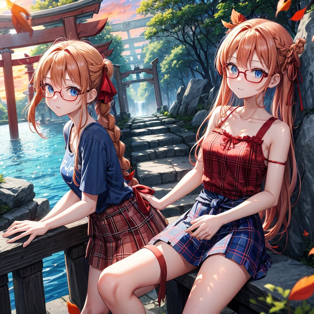 Red-blonde、blue hair、blue eyes、Braid、one good looking girl、solo、anime、Plaid miniskirt、camisole、black t-shirt、Tilting your face、Doing the ribbon、Ribbon at waist、sunset sky、shrine、stone stairs、petal、tunnel、drawing a fortune、Fallen leaves、fixing glasses、waterfall