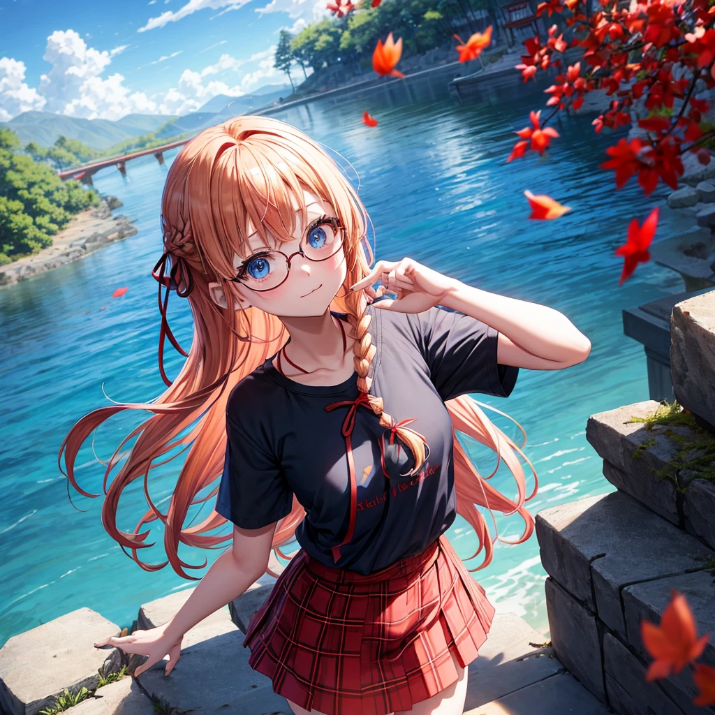Red-blonde、blue hair、blue eyes、Braid、one good looking girl、solo、anime、Plaid miniskirt、camisole、black t-shirt、Tilting your face、Doing the ribbon、Ribbon at waist、sunset sky、shrine、stone stairs、petal、tunnel、drawing a fortune、Fallen leaves、fixing glasses、waterfall
