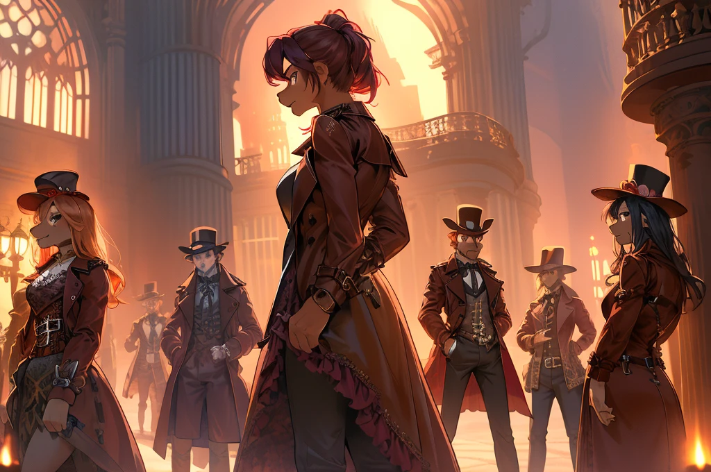 a feared gang, (powerful), (red trench coat), disdain in their face, arrogance, furry, frilly shirts, rich, male, female, group, steampunk, (ominous), mysterious, dark, red, natural lighting, twilight, group pose, together, incredible lighting, unique, masterpiece, 4k, hd, high quality, steampunk_costume