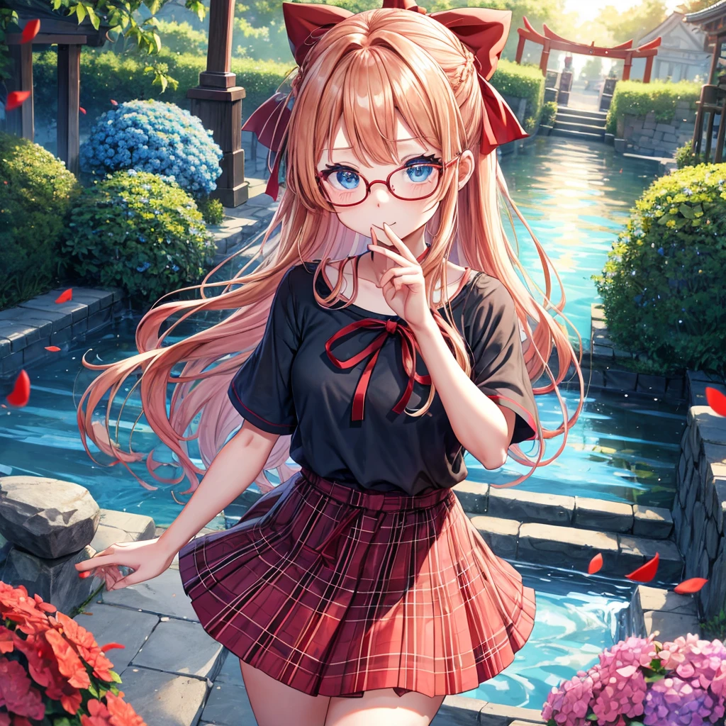 Red-blonde、blue hair、blue eyes、Braid、one good looking girl、solo、anime、Plaid miniskirt、camisole、black t-shirt、Tilting your face、Doing the ribbon、Ribbon at waist、sunset sky、shrine、stone stairs、petal、tunnel、drawing a fortune、Fallen leaves、fixing glasses、waterfall、Have a bouquet of hydrangeas