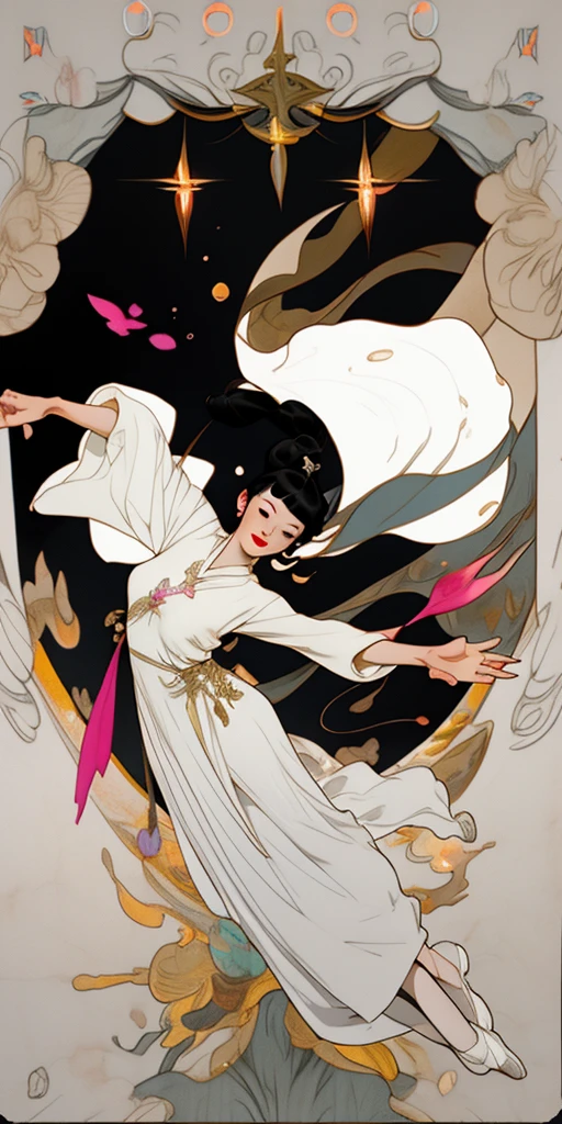 tarot cards，one-girl（full bodyesbian），Gorgeous dress，dances，Flowers，the star，Solid color base，Pastel colors, graceful movements, Lots of details，delicated，tmasterpiece，32K，Extremely detailed,(Fractal art:1.1),(Colorful:1.1),(skulls:1.3),highest details,(zentangle:1.2), (Dynamic pose), (abstract backgrounds:1.3)
