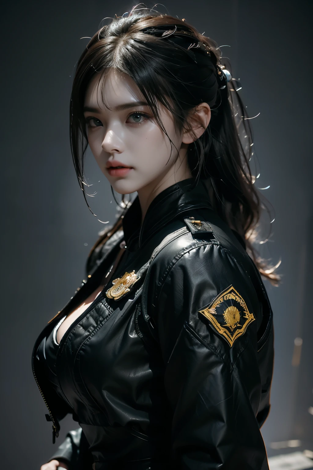Game art,The best picture quality,Highest resolution,8K,((A bust photograph)),((Portrait)),(Rule of thirds),Unreal Engine 5 rendering works, (The Girl of the Future),(Female Warrior),22岁少女,(Long hair casual),(Future-style military wear,A beautiful eye full of detail),(Big breasts),(Eye shadow),优雅迷人,微笑,(皱眉),(Battle suits of the future,Features of Cyberpunk Fighter Clothing,The dress has a fine pattern and badge),赛博朋克格斗家,格斗游戏角色,未来风格, 拍照姿势,街道背景,Movie lights,Ray tracing,Game CG,((3D Unreal Engine)),oc渲染反射纹