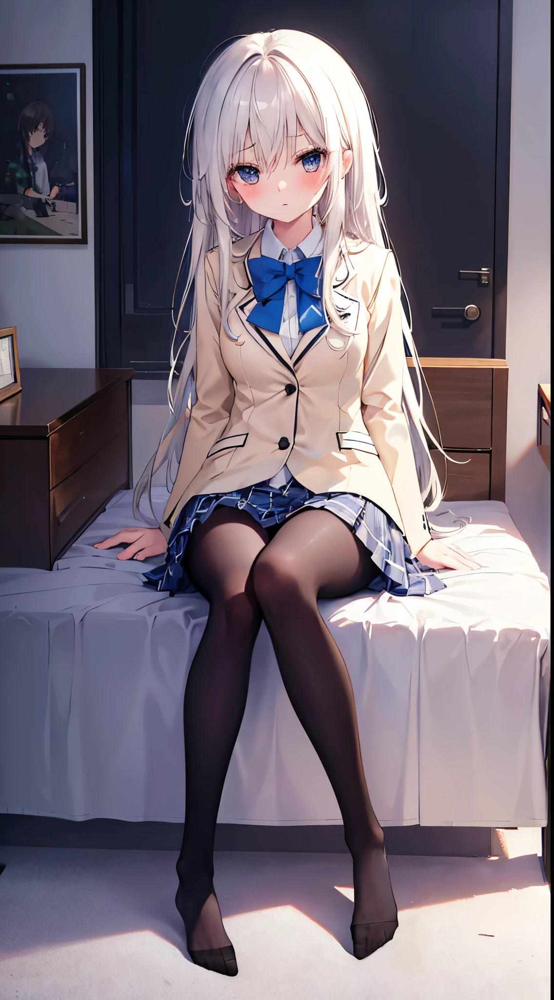 finest, masterpiece, High resolution, (whole body), front, symmetry, Mature Schoolgirl, alone, (whole body from head to toe), small breasts, long hair, slightly messy hair, (black tights), ( (black pantyhose), black pantyhose, composition show me your white panties, slender beautiful foot, very beautiful  girl (not wearing shoes) foot), blush, shy big eyes, messy hair, looking at camera, show me your white panties, White ruffled lingerie, high school uniform blazer, high school uniform white blouse, High school uniform with blue ribbon, High school uniform with short plaid pattern and navy pleated skirt