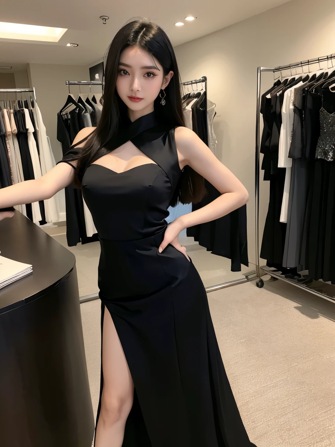 Araf woman taking selfie in dress in store, Pictures of Ren Renfa, Douban, reproduction, V-chest clothes, wearing black skirt, Dark color dress, sexy dress, Light half-open dress, black skirt, low cut dress, elegant dress, stylish dark dress, puff sleeves, female slim figure, beautiful silky dress, dark black skirt