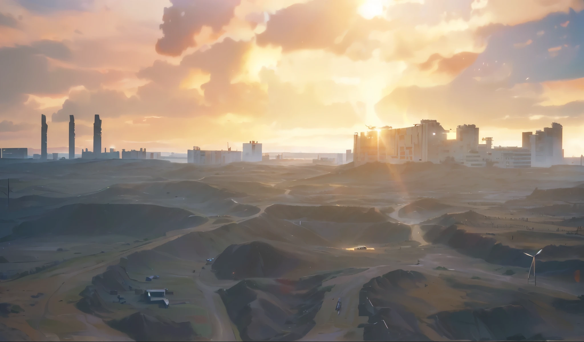 (Best quality, 8K, 32K, masterpiece, UHD: 1.2, ray tracing: 1.2, real: 1.2), (Side: 1.5), savannah in the foreground, sandy red canyons in the distance, (Prairie, Long distance, wind:1.5), road works sign in the background, blue sky, White clouds, (((Post-apocalyptic wasteland)))