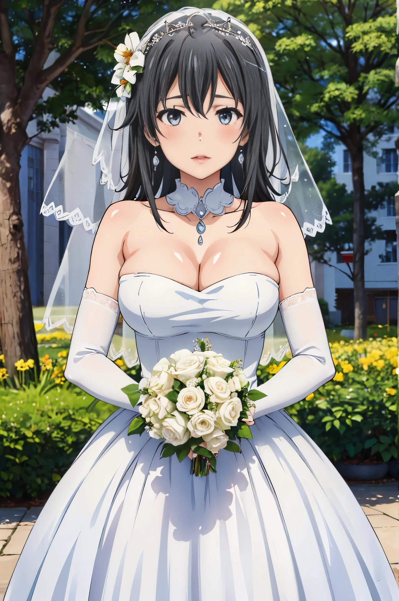 best quality, masterpiece, high resolution, 1 girl, yukino_shita,black hair,long hair, Wedding dress , red lips, short hair, garden background,Shut up, Close-up of beautiful bride in bridal dress,Gurwitz,Blushing face,Head flower,headgear,(tube top wedding dress:1.5),(silk dress:1.2),(strapless wedding dress:1.5),pure white dress,necklace,earrings,(large breasts:1.3),Neck ornaments,Deep V peach heart collar wedding dress,Bangs,Bouquet,lipstick,(White long elbow gloves:1.3),(Bridal veil:1.2),(Transparent short veil:1.2),Bust photo,High detail RAW color art,Tyndall phenomenon,front,Half body