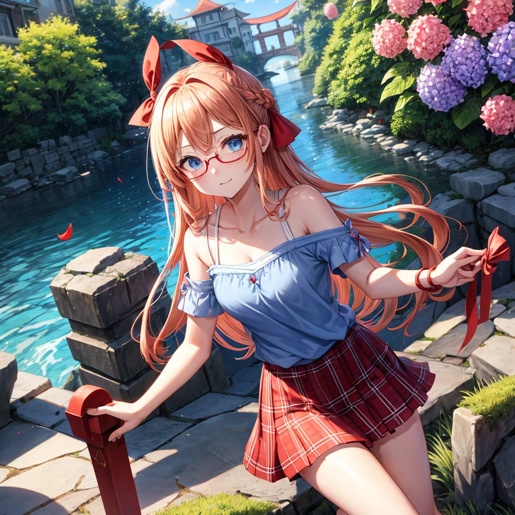 Red-blonde、blue hair、blue eyes、Braid、one good looking girl、solo、anime、Plaid miniskirt、camisole、black t-shirt、Tilting your face、Doing the ribbon、Ribbon at waist、sunset sky、shrine、stone stairs、petal、tunnel、drawing a fortune、Fallen leaves、fixing glasses、waterfall、Have a bouquet of hydrangeas