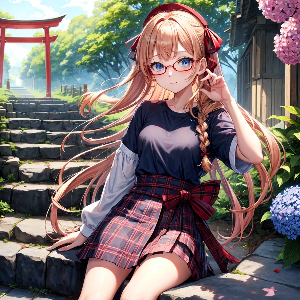 Red-blonde、blue hair、blue eyes、Braid、one good looking girl、solo、anime、Plaid miniskirt、camisole、black t-shirt、Tilting your face、Doing the ribbon、Ribbon at waist、sunset sky、shrine、stone stairs、petal、tunnel、drawing a fortune、Fallen leaves、fixing glasses、waterfall、Have a bouquet of hydrangeas