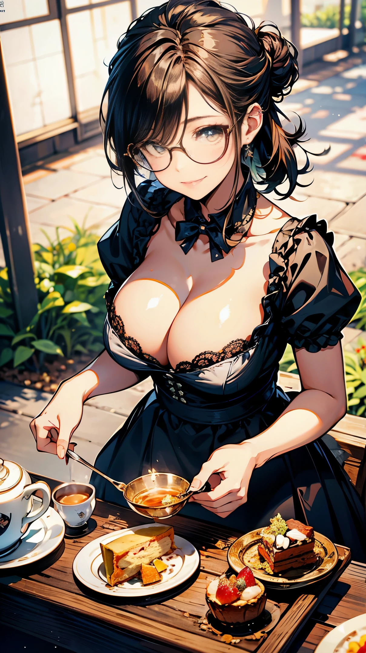 (best quality, masterpiece), (ultra high resolution, 8K RAW photo, photo realistics:1.5, textile shading, thin outline), Beautuful Matured woman preparing tea-party in the garden, standing by the round table, (tea set, tea pot, tea cups, some cakes on dish), classy art deco style table, wearing brown maid uniform, breast cleavage, maid costume:1.2, long flare skirts, apron, long tall sally, long legs, long white hair, (wearing thin-flame glasses:1.2), (milf:1.5, 28 years old, solo), (large breast, sagging breast, big tits, narrow waist), (long white hair, hair over one eye, (updo hair:1.2), side lock, asymmetric hair, wavy hair), (bright pupils, detailed eyes, high detailed face, Perfect face shape, eye rush), (seductitve smiling, half-closing eyes), (looking at viewers:1.3), (dynamic angle, full body, from above:1.2), ((correct anatomy:1.5, correct hands)), (ideal ratio of body proportions), (outdoor:1.2, grass field),