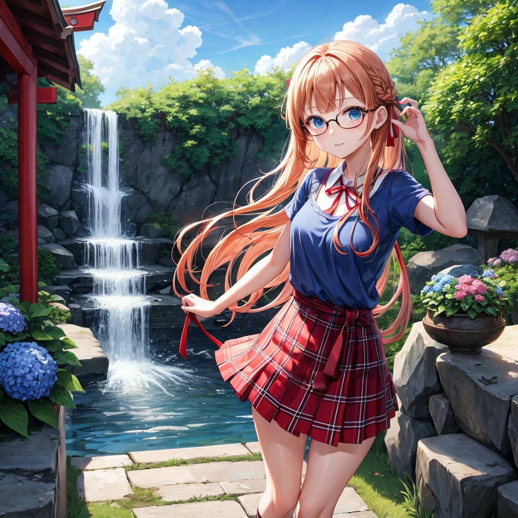 Red-blonde、blue hair、blue eyes、Braid、one good looking girl、solo、anime、Plaid miniskirt、camisole、black t-shirt、Tilting your face、Doing the ribbon、Ribbon at waist、sunset sky、shrine、stone stairs、petal、tunnel、drawing a fortune、Fallen leaves、fixing glasses、waterfall、Have a bouquet of hydrangeas