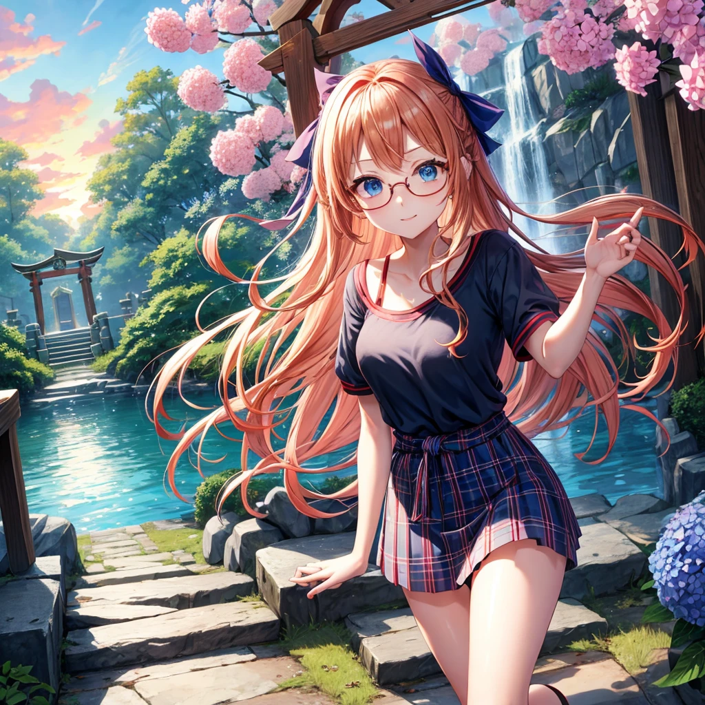 Red-blonde、blue hair、blue eyes、Braid、one good looking girl、solo、anime、Plaid miniskirt、camisole、black t-shirt、Tilting your face、Doing the ribbon、Ribbon at waist、sunset sky、shrine、stone stairs、petal、tunnel、drawing a fortune、Fallen leaves、fixing glasses、waterfall、Have a bouquet of hydrangeas