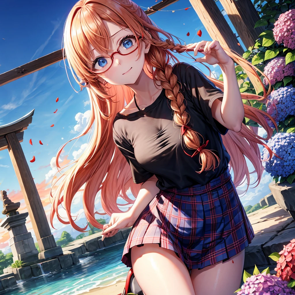 Red-blonde、blue hair、blue eyes、Braid、one good looking girl、solo、anime、Plaid miniskirt、camisole、black t-shirt、Tilting your face、Doing the ribbon、Ribbon at waist、sunset sky、shrine、stone stairs、petal、tunnel、drawing a fortune、Fallen leaves、fixing glasses、waterfall、Have a bouquet of hydrangeas