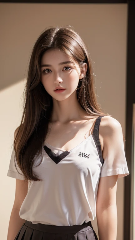 ((Realistic lighting, Best quality, 8K, Masterpiece: 1.3)), ((flat chest)), camisole,,Clear focus: 1.2, 1girl, Perfect Figure: 1.4, ((Dark brown hair)), (school uniform: 1.4), classroom, Super fine face, Fine eyes, Double eyelids, (half body)