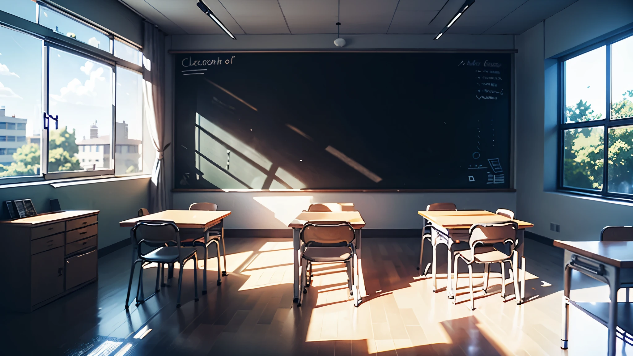 Scenes,classroom, with desks and a chalkboard in the middle, with window in the left, anime, school, anime background, art, Classe escolar, concept art, anime scenery, With natural light as background