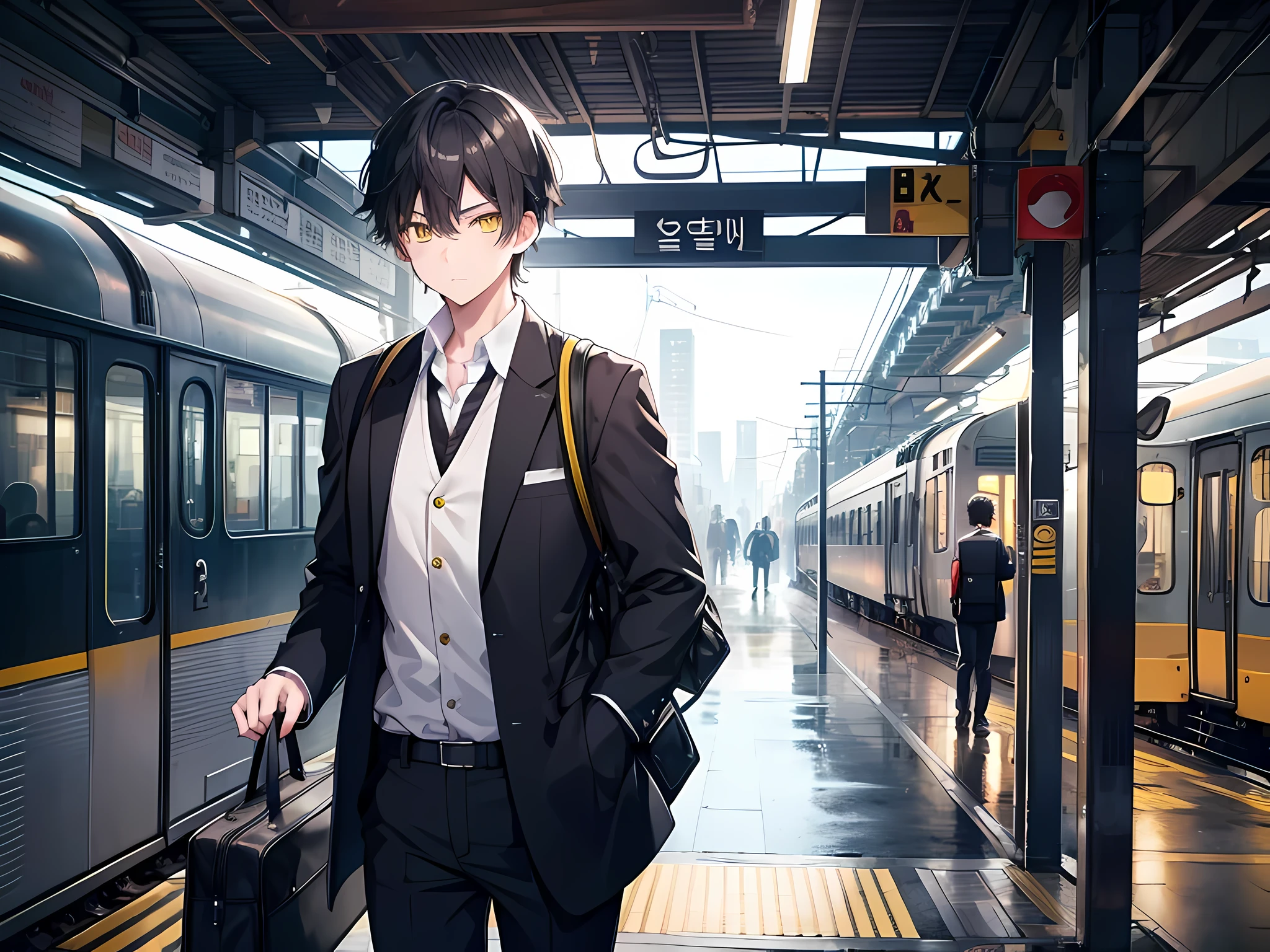 1 boy, black short hair, yellow eye colors, wearing salaryman uniform, bringing work bag, going to the train station, the background is busy train station in seoul