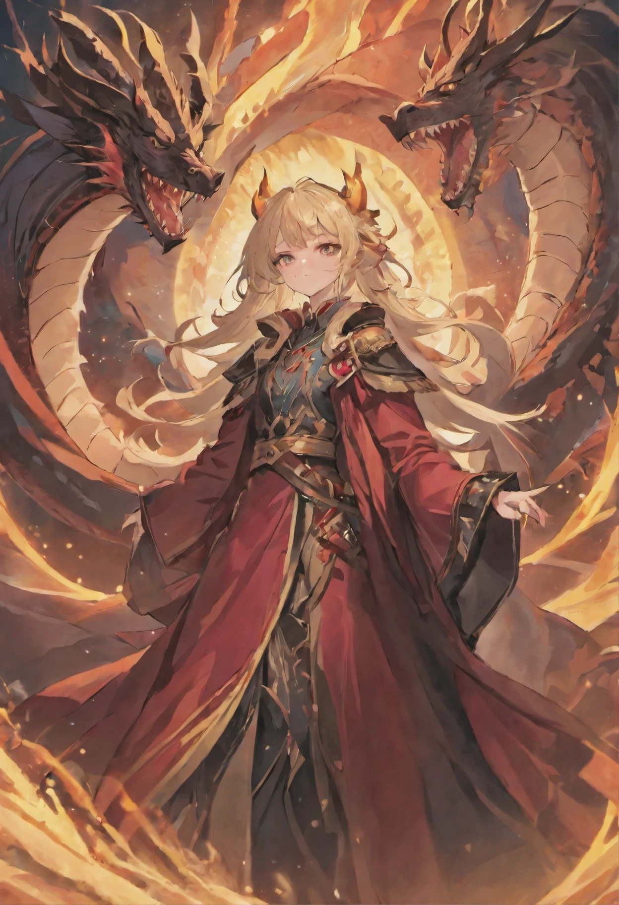 majesty,dragon lady,Western Dragon,cloak,red and black tone,Full body close-up,scales,dragon horn,god,friendly,mature older women
