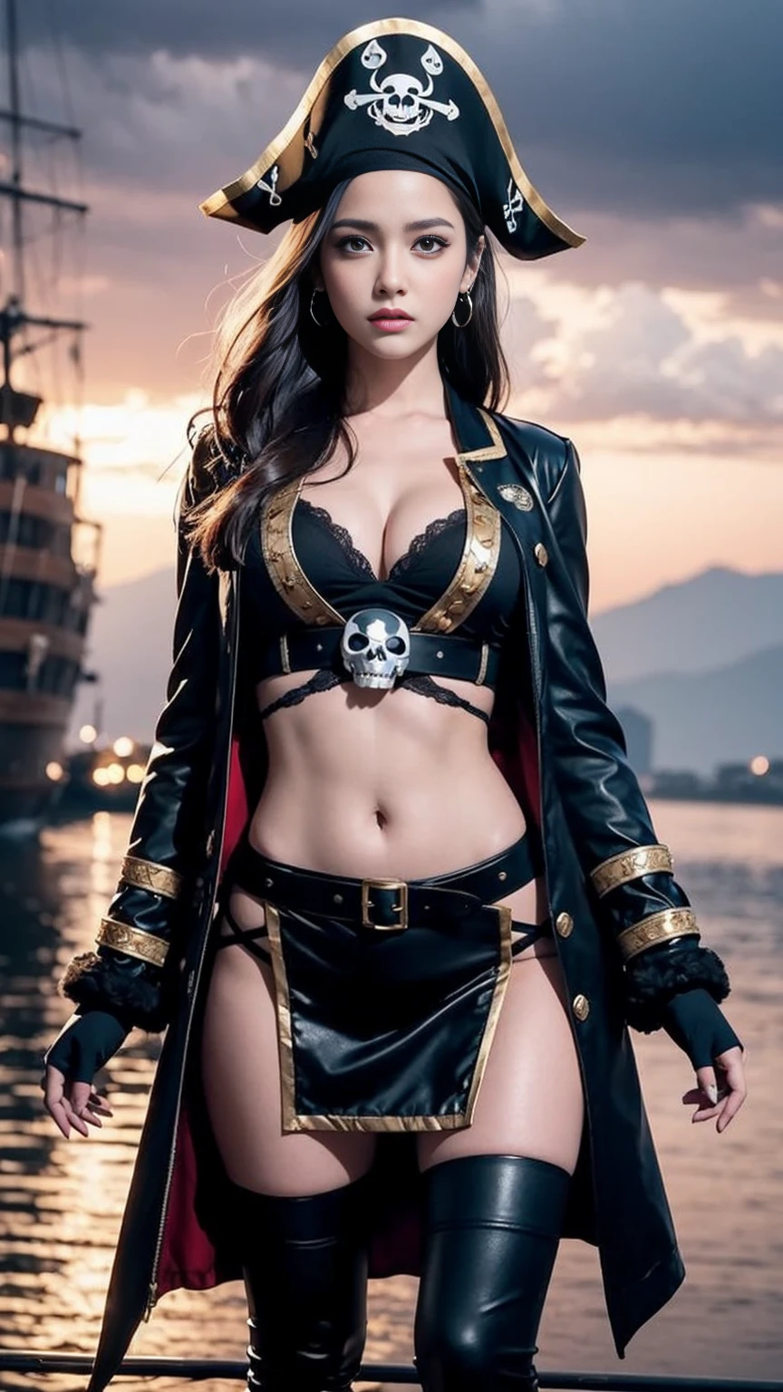 A beautiful woman wearing pirate costume , in pirate ship, black clouds in the sky, super detailed look, perfect body shape and hands, beautiful big eyes, standing, front view, cinematic lightening